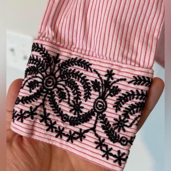 Nanette Lepore Cold Shoulder Pink Striped ButtonUp Top, Ruffled & Embroidered - Picture 9 of 10